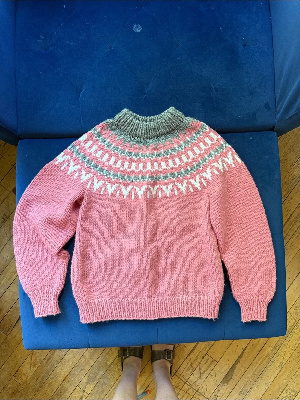 Women's Pink Fair Isle Turtleneck Sweater with Gray Yoke - Picture 1 of 3